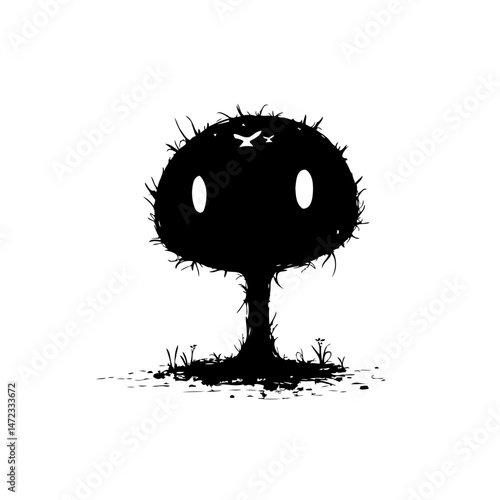 Whimsical Silhouette: A Dark Cartoonish Creature on a White Backdrop, Playful Art