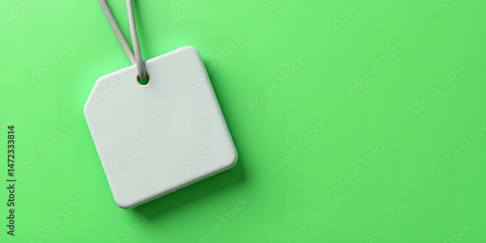 Naklejka premium A close up of a white tag hanging on a string against a bright green background surface area