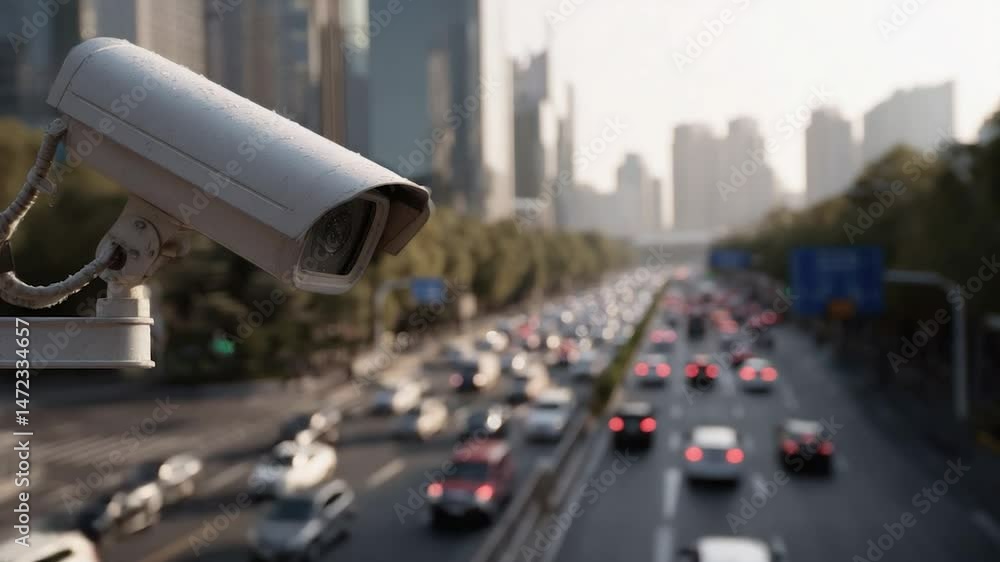 Close-up of a security surveillance camera overlooking a busy urban street filled with cars and tall buildings during the day.
Close-up of a security surveillance camera overlooking a busy urban street filled with cars and tall buildings during the day.
