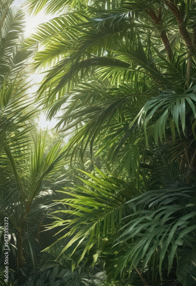Intricate palm fronds, vibrant greens, sunlight dappled , plant, design, nature background Intricate palm fronds, vibrant greens, sunlight dappled , plant, design, nature background