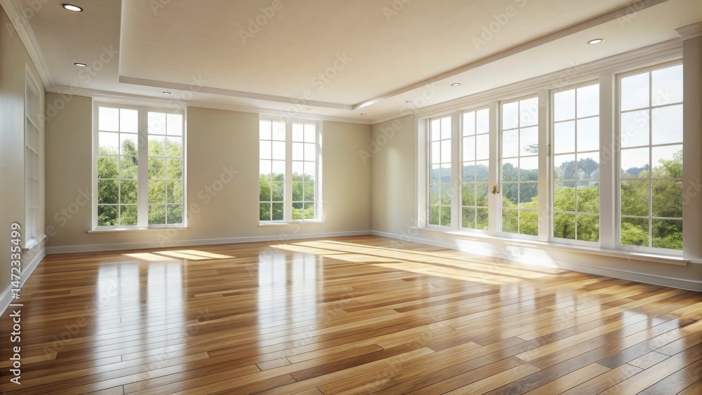 Fototapeta premium Sunlit Empty Room with Hardwood Floor and Large Windows