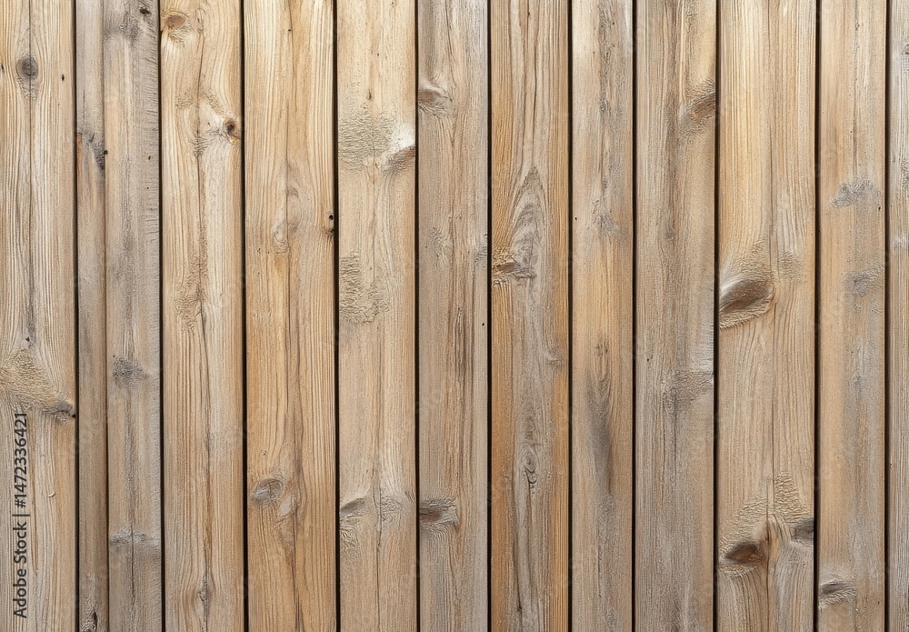 Fototapeta premium A detailed image showcasing a weathered, light brown wooden plank wall texture, ideal for rustic backgrounds or design projects. The vertical planks show natural wood grain and subtle : Generative AI