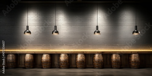 A stylish bar with wooden barrels, illuminated by hanging pendant lights against a modern brick wall.