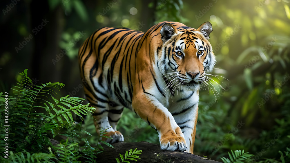 Fototapeta premium Majestic bengal tiger walking gracefully through lush green tropical rainforest habitat