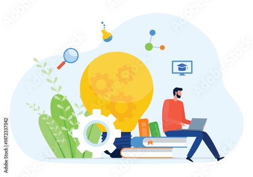 Vector illustration design online education and E-learning concept with student sitting on the book and working on computer laptop
