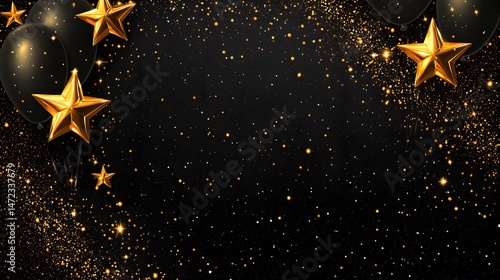 Elegant Black Gold Party Balloons Stars Glitter Background