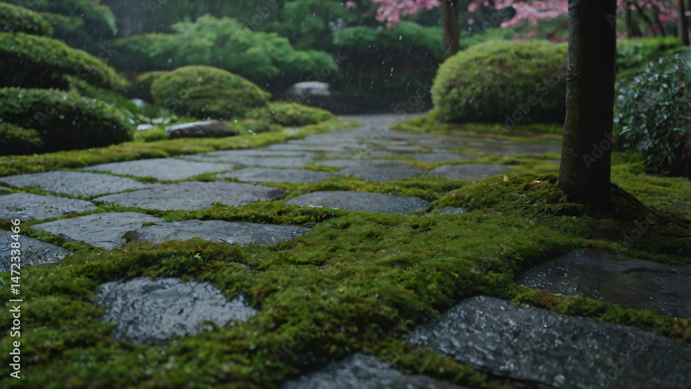 Light spring rain falling on a moss-covered stone path in a Japanese garden surrounded by green plants and scattered sakura petals of early morning Light spring rain falling on a moss-covered stone path in a Japanese garden surrounded by green plants and scattered sakura petals of early morning