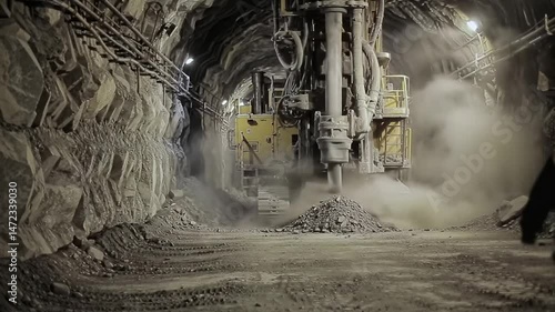 Industrial jumbo drill carving rocky tunnel for mining and construction