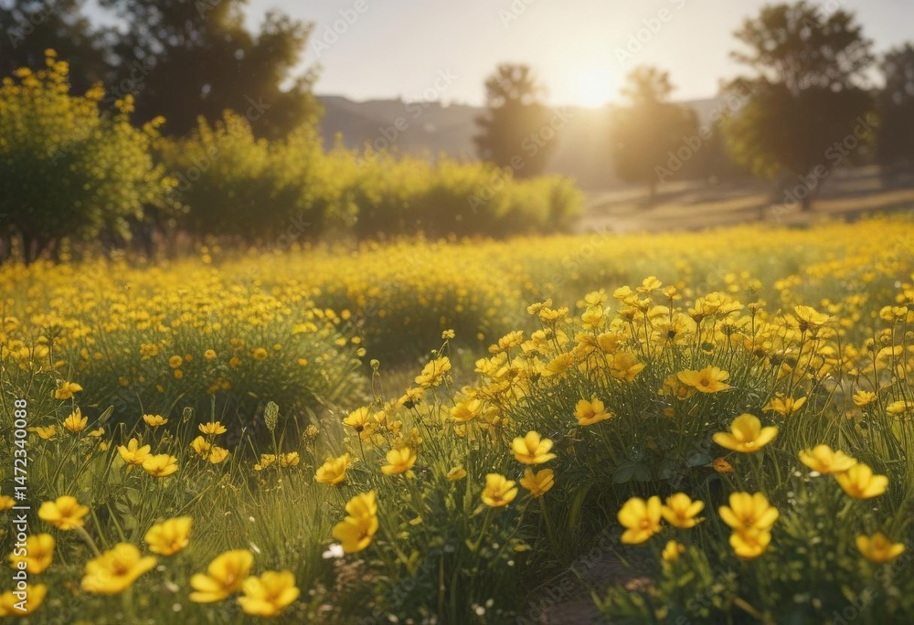 Fototapeta premium Sunlit field, vibrant yellow blooms in full summer splendor , macro, joyful, image