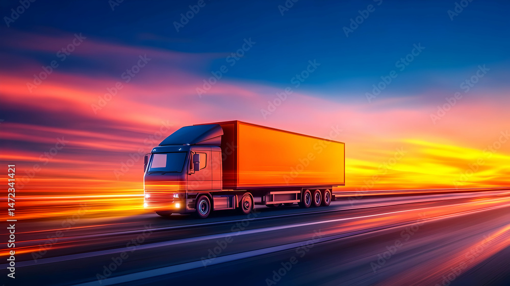 A large truck carrying cargo on a highway at sunset A large truck carrying cargo on a highway at sunset