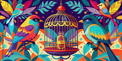 Vibrant Colorful Birds and Ornate Birdcage Illustration