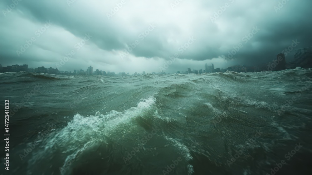 Fototapeta premium Stormy Ocean with Dark Clouds and Cityscape in Background