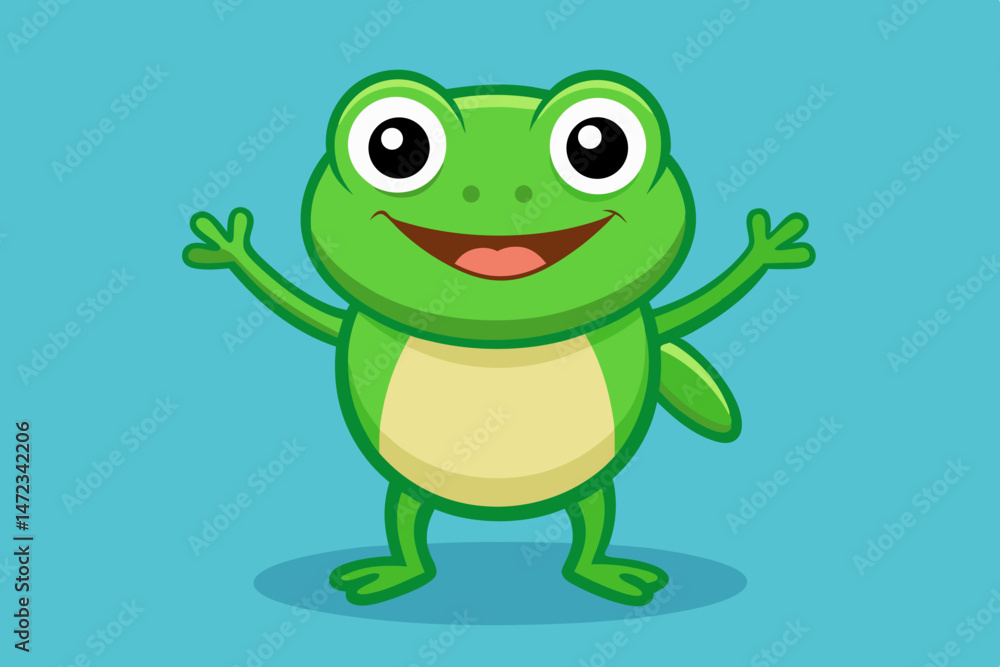 Happy Green Frog Cartoon Character with Big Eyes Welcoming Happy Green Frog Cartoon Character with Big Eyes Welcoming