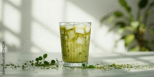 Iced Matcha Green Tea Latte Front View - High Resolution Footage