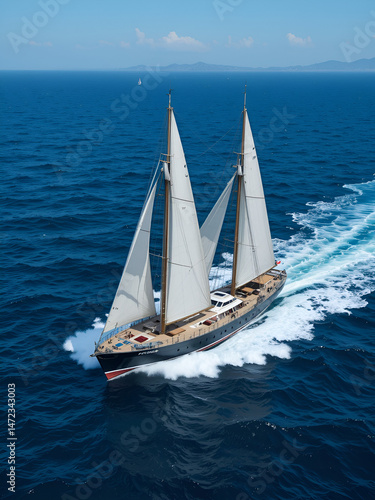 Vessel sails in blue open sea with white foam, ships, vessel