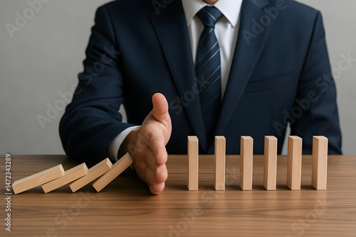 Business Domino: A businessman in a suit prevents the falling dominoes, metaphorically embodying business strategy, risk management, and the crucial aspect of averting potential crises with control.