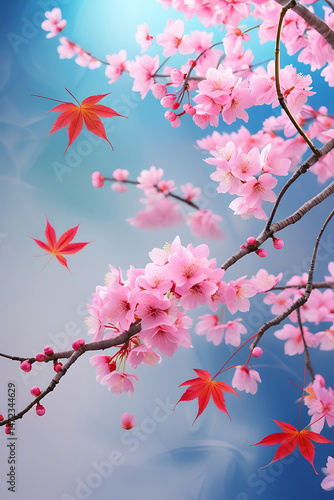 Oriental background with cherry blossom and maple leaf