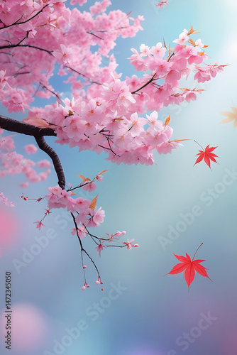 Oriental background with cherry blossom and maple leaf