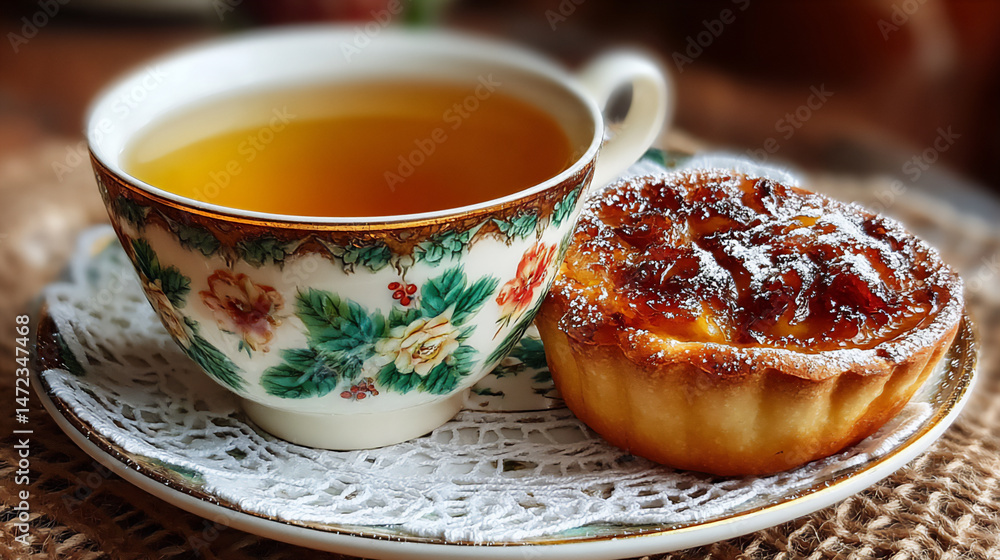 warm close-up photograph of a ceramic cup with pear tea next to a piece of european fruit tart with powdered sugar on a vintage plate with a lace doily, warm close-up photograph of a ceramic cup with pear tea next to a piece of european fruit tart with powdered sugar on a vintage plate with a lace doily,