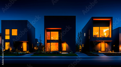 Three modern, dark-exterior homes glow warmly at twilight