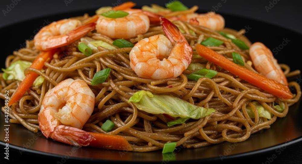 Stir-fried egg noodles with shrimp, cabbage and carrots served on black plate in close-up view Stir-fried egg noodles with shrimp, cabbage and carrots served on black plate in close-up view