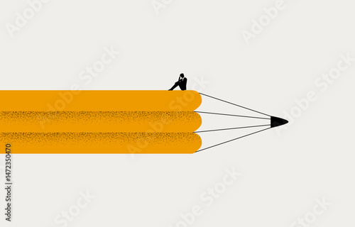Businessman sitting in despair on pencil, lack of creativity, burnout at work concept, minimal business design.