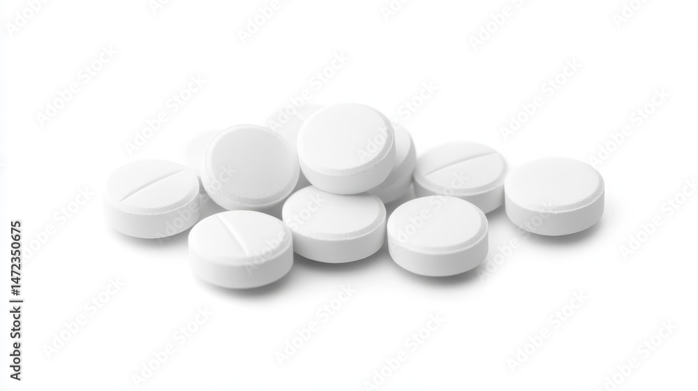 White round tablets scattered on white background for medical concept image. White round tablets scattered on white background for medical concept image.