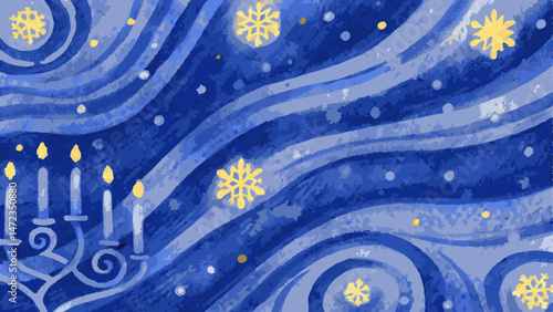 Watercolor Snowflakes in Icy Blues & Gold – Winter & Hanukkah Background with Copy Space"