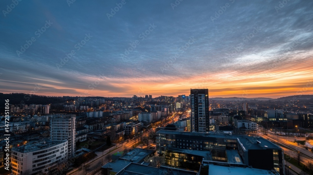 Fototapeta premium A panoramic view of a city skyline at sunrise, showcasing modern architecture and a vibrant urban landscape bathed in warm, golden light. : Generative AI