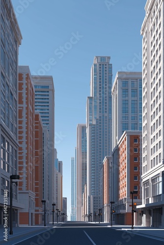A city street with tall buildings and a clear blue sky. The street is empty and the buildings are mostly white