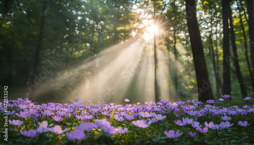 Sunbeams through forest with purple flowers.