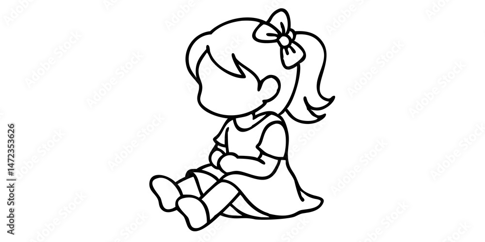 Obraz premium Little Girl Dressed Up Sitting Illustration, Cute Childhood Fashion Art, Playful Girl in Outfit