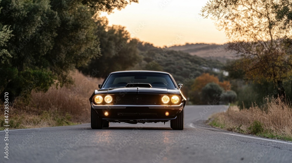 Classic black muscle car driving on a winding road at sunset, headlights illuminated, showcasing its powerful front grill and sleek design. : Generative AI Classic black muscle car driving on a winding road at sunset, headlights illuminated, showcasing its powerful front grill and sleek design. : Generative AI