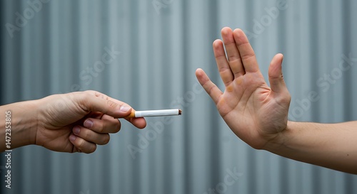 Hand Rejects Cigarette Offer in Anti-Smoking Campaign Against Tobacco Addiction, Grey Studio Backdrop, Stop Smoking Initiative, Healthcare Promotion and Awareness