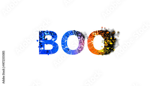Colorful artistic abstract shattered BOO letters concept with bold typography design elements vivid on transparent background