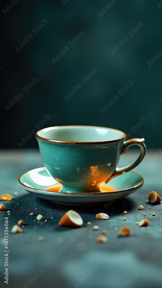 Fototapeta premium Elegant teal ceramic cup on saucer with scattered hazelnuts against dark background.