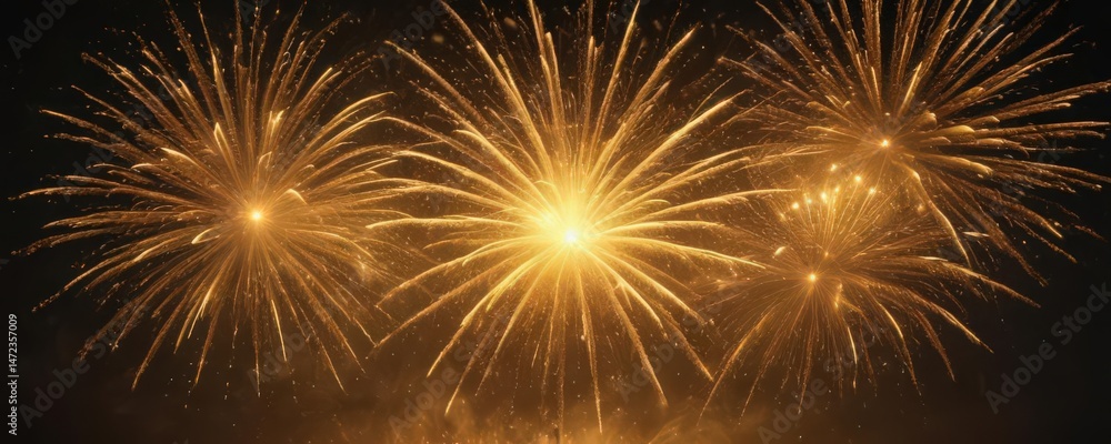 Fototapeta premium Blazing yellow fireworks bloom, wide shot, intense heat, dynamic energy , burst, shine, yellow