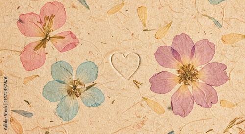Pressed flower design on textured paper with a heart.