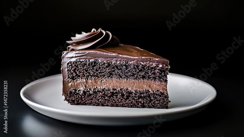 Double-layer chocolate cake slice with frosting and whipped cream flower on white plate.