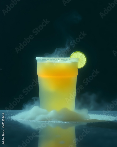 Classic Margarita Cocktail with Lime Wheel on Glass Rim, Refreshing Summer Drink