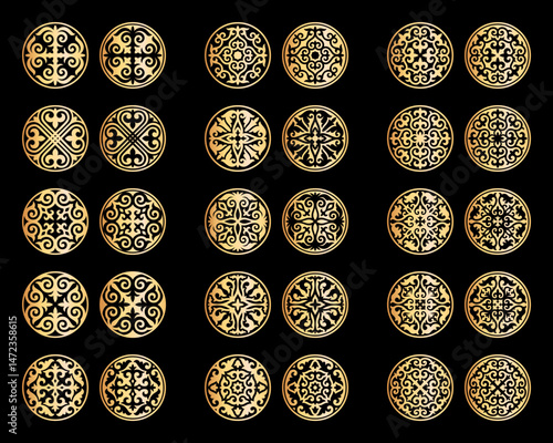 Vector Set of different gold ornaments in Kazakh style isolated on a black background. Round decor in two variant the positive and negative. Elements of the national pattern of the ancient nomads