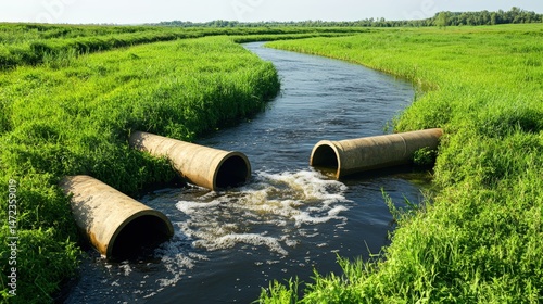 Concrete pipes drain water into a flowing stream surrounded by lush green grass on a sunny summer day.