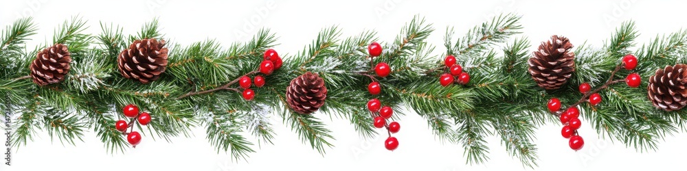 Fototapeta premium Festive Pine Garland Adorned with Red Berries and Cones, Perfect for a Christmas Display