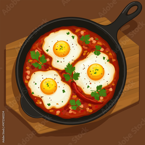 Serving Shakshuka with Eggs in a Cast Iron Skillet Overhead View