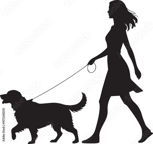 Happy Woman Silhouette Walking Golden Retriever on Leash in Park Scene