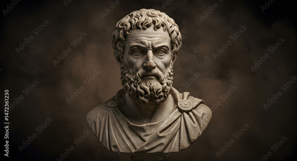 Naklejka premium Bust of Bearded Man Carved in White Stone Against Dark Brown Gradient Background