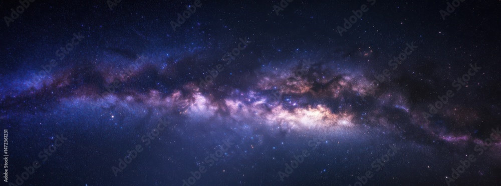 Obraz premium A breathtaking panoramic view of the Milky Way galaxy, showcasing its vibrant colors and cosmic dust clouds against a backdrop of countless stars. : Generative AI