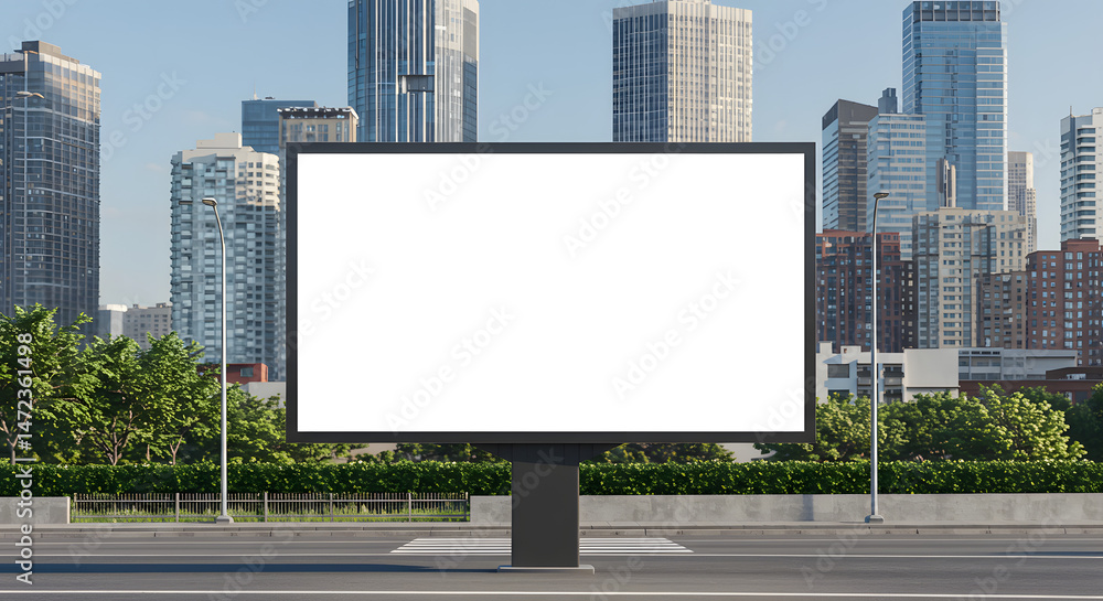 Fototapeta premium Blank City Billboard Mockup on Urban Street with Skyscrapers.