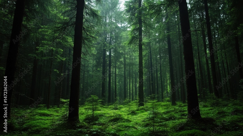 Fototapeta premium A dense, mystical evergreen forest, sunlight filtering through the canopy, creating a serene and atmospheric scene. Lush green moss carpets the forest floor, adding depth and texture t : Generative AI
