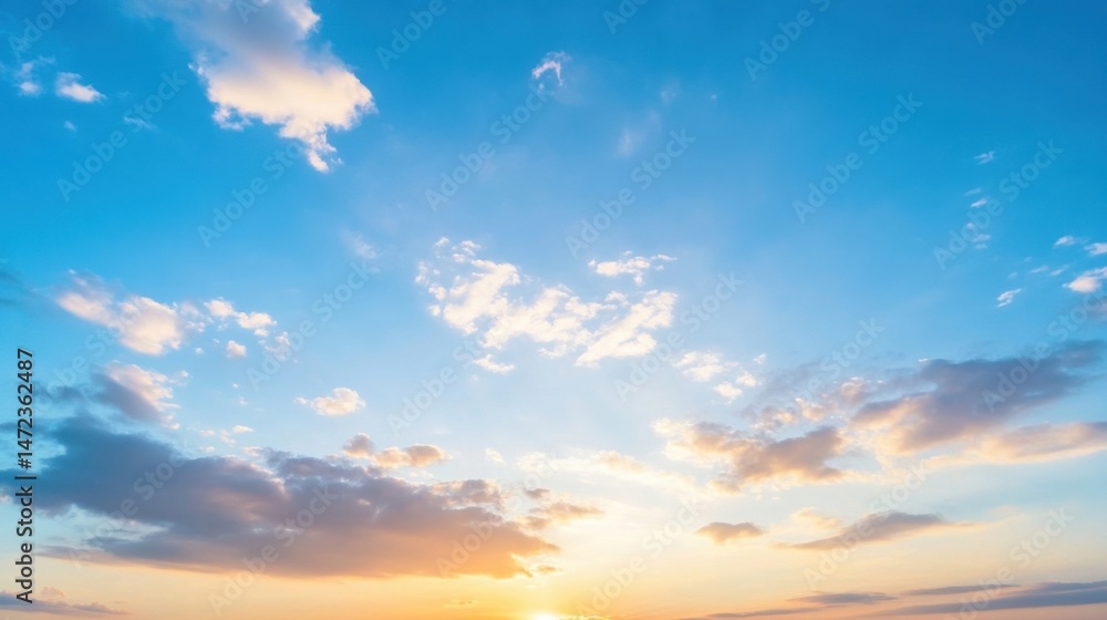 Fototapeta premium Serene sunset sky with pastel clouds and a warm golden horizon, perfect for tranquil background imagery. : Generative AI